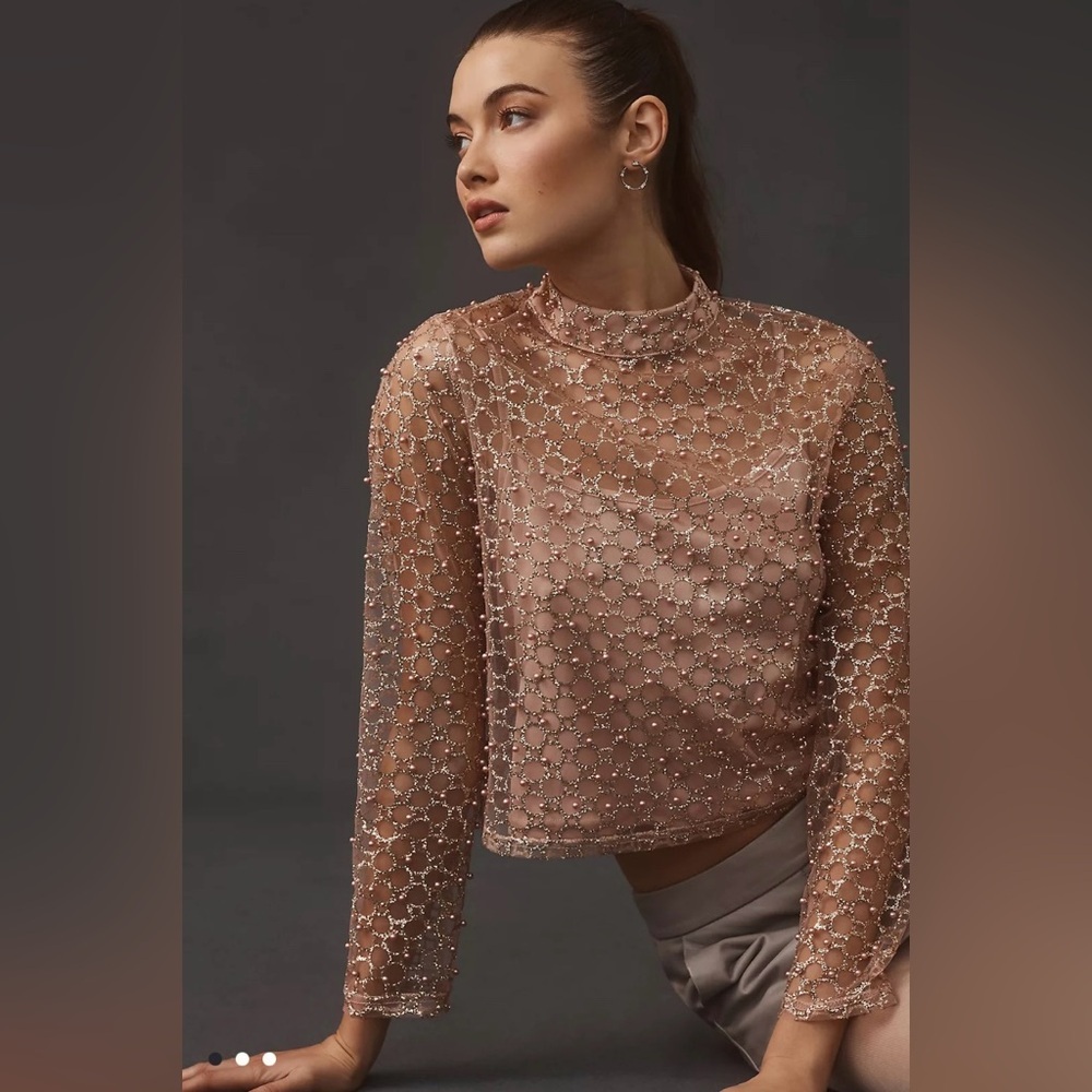 NWT Blue Tassel By Anthropologie Pearl-Embellished Long-Sleeve Top, Size S